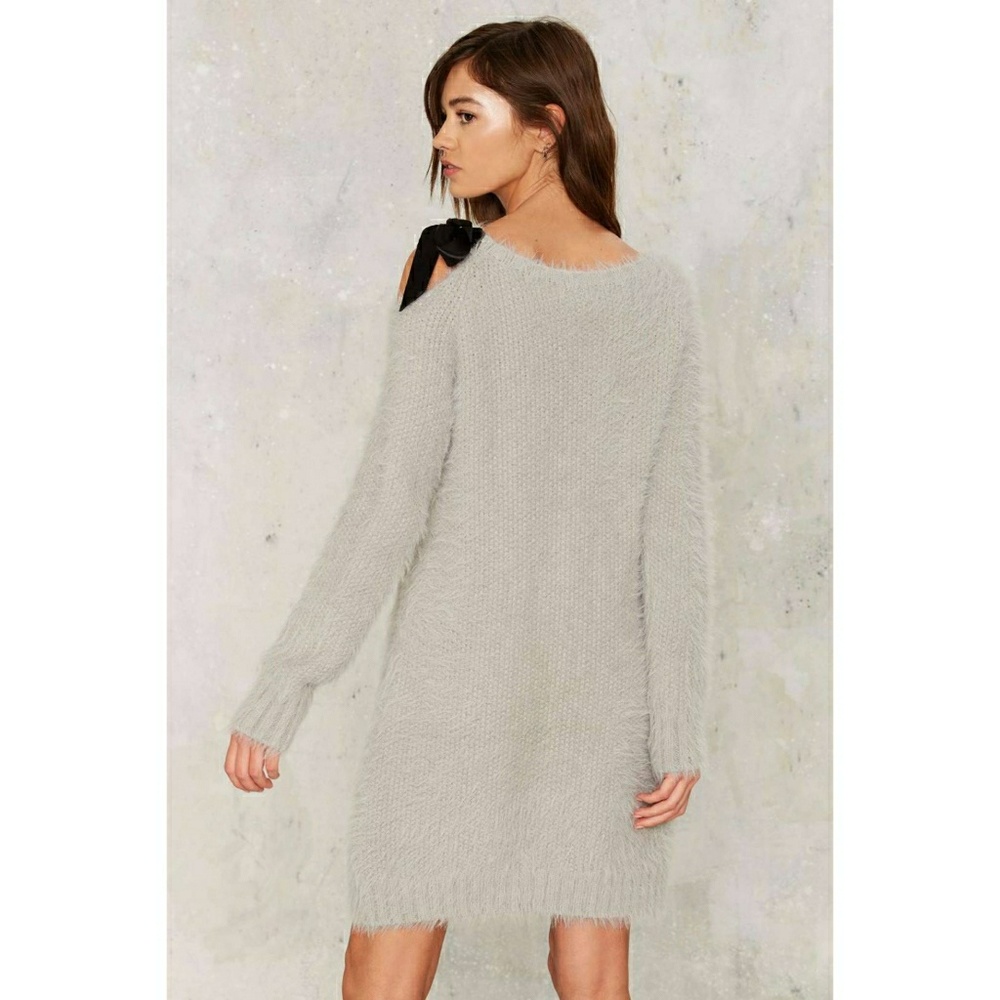 Nasty Gal Cleo Fuzzy Sweater Dress w Shoulder Bow - Picture 2 of 8